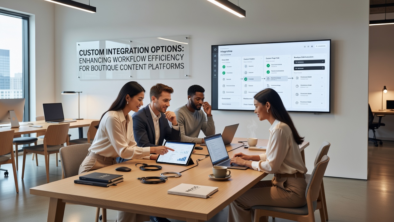 Team members collaborating around a screen displaying integrated content workflow stages